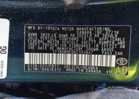 2019 Toyota Corolla L/Le/Xle/Se/Xse z USA, uszkodzony, nr VIN 2T1BURHE0KC143847